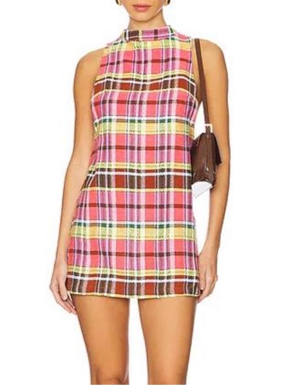 Free People Pink and Brown Plaid Mini Dress